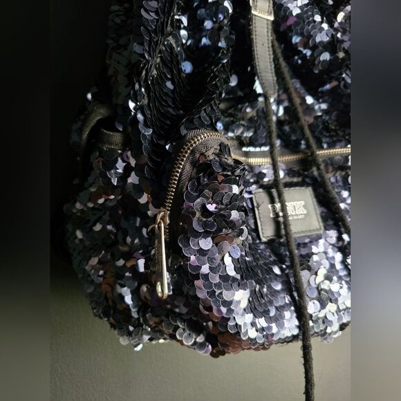 Victoria\'s Secret Pink Sequin Backpack Midnight Blue Drawstring Buckle 16x16 main image 11